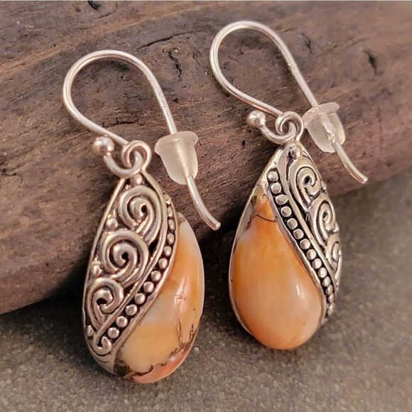 Sterling Orange White Agate Pear Cab Swirl Bezel Earrings - Picture 3 of 7